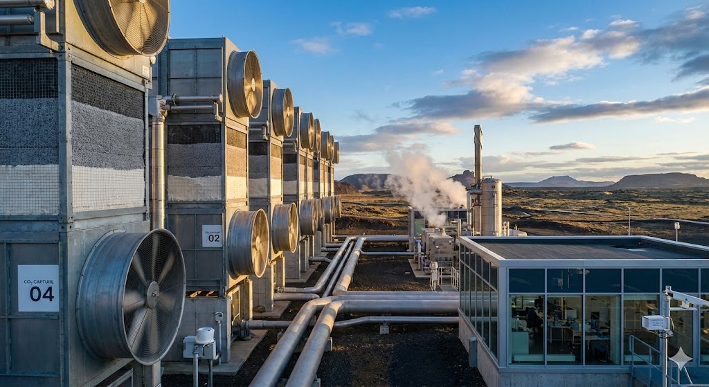 Impianto DAC con torre filtro sorbente e pipeline di sequestro geologico