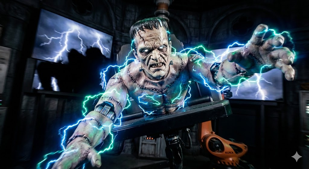 Animatronic avanzato di Frankenstein con sistema KUKA in movimento rapido verso gli ospiti