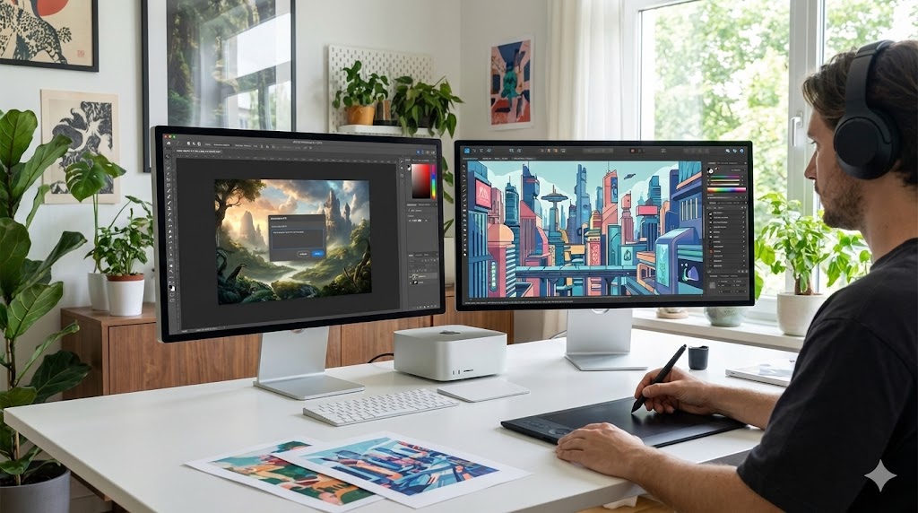 Un designer al lavoro su un Mac Studio con Photoshop e Affinity Designer aperti