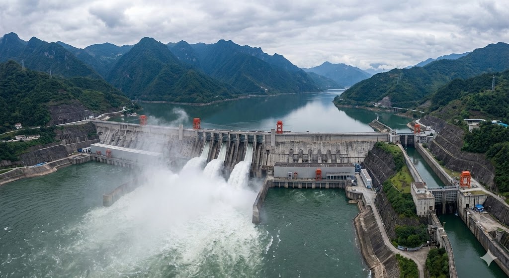 Una vista panoramica dell'imponente struttura della Diga delle Tre Gole sul fiume Yangtze in Cina.