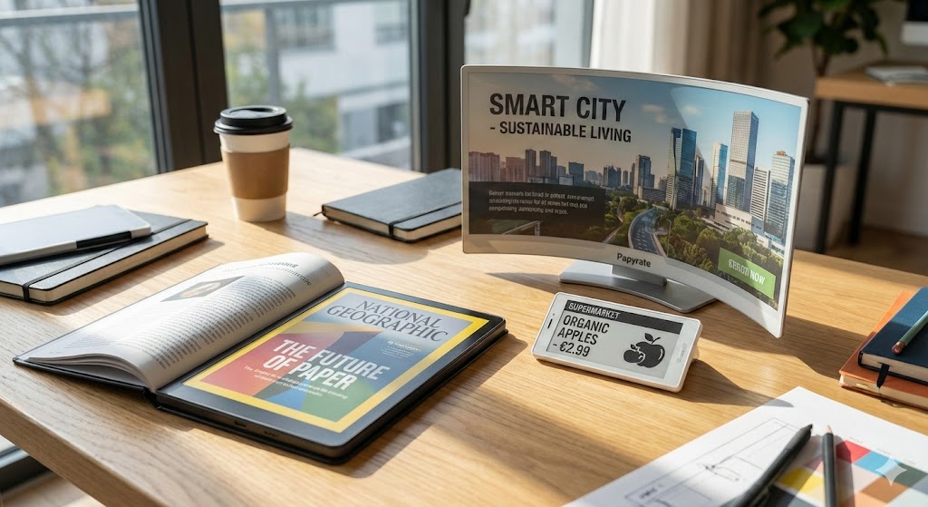 Vari dispositivi con display e-paper a colori: etichette per scaffali, tablet per lettura, e cartelloni pubblicitari