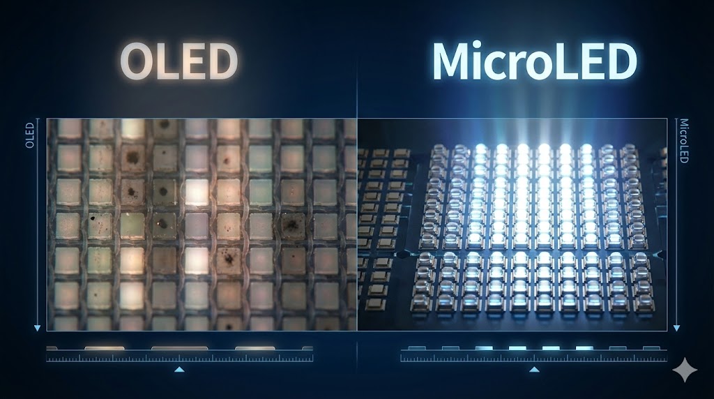 Confronto microscopico tra pixel OLED e i nuovi pixel MicroLED