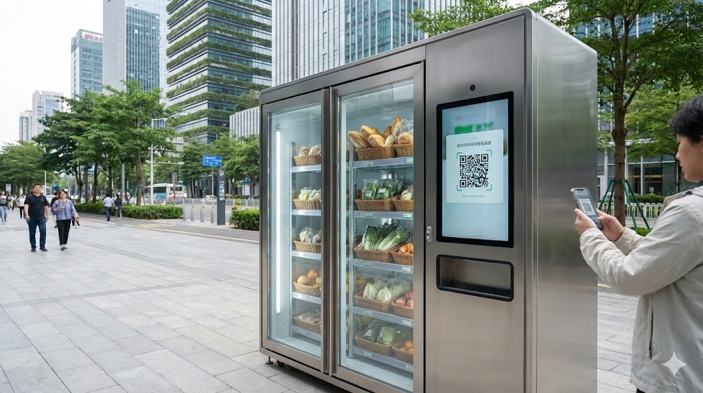 Un cittadino utilizza un distributore intelligente di cibo a Futian, Shenzhen, scansionando un codice con lo smartphone.