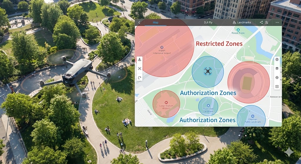 Un drone DJI Mavic 3 in volo con una rappresentazione grafica sovrapposta delle zone di restrizione al volo (geofencing) su una mappa