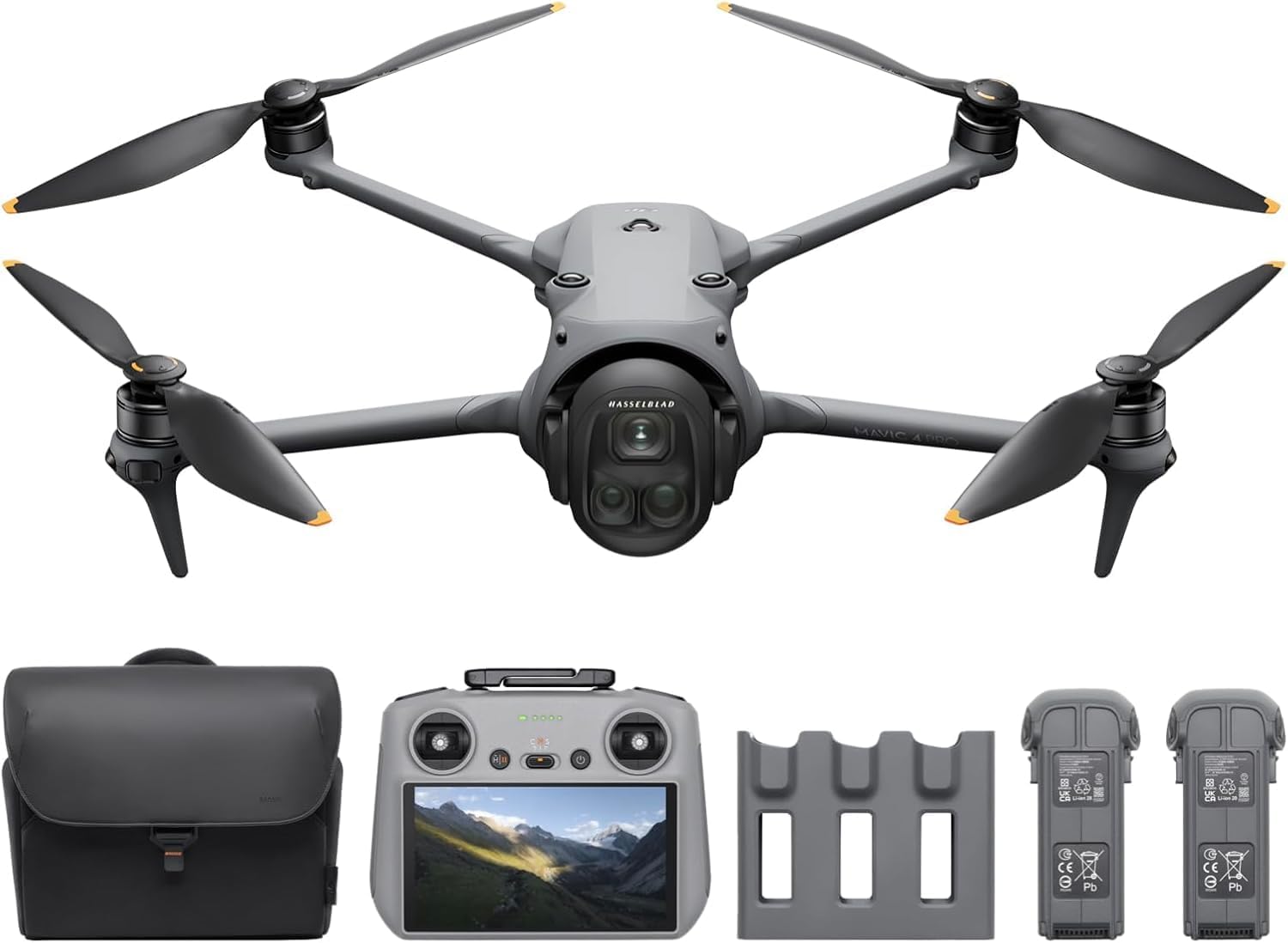 Il drone DJI Mavic 4 in volo, con il nuovo modulo a doppia fotocamera Hasselblad ben visibile sulla parte anteriore