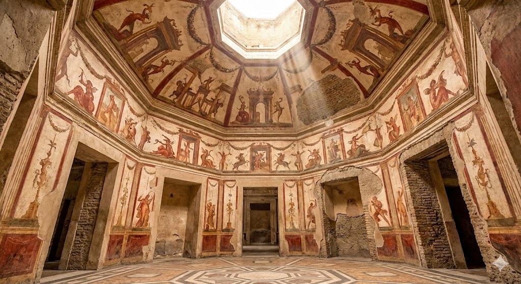 Sala ottagona della Domus Aurea con cupola aperta e affreschi a grottesche sulle pareti