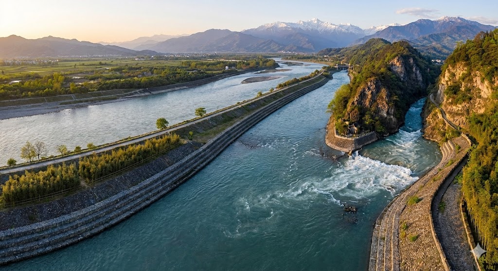 Vista aerea del sistema di Dujiangyan con la diga a bocca di pesce che divide il fiume Minjiang