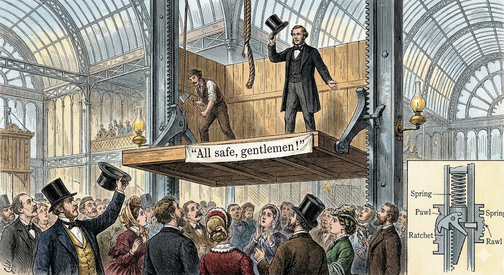 Dimostrazione pubblica del dispositivo di sicurezza per ascensori di Elisha Otis nel 1854