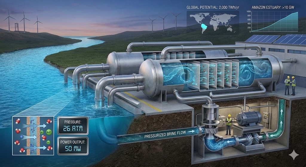 Impianto di energia osmotica con membrane semipermeabili all'estuario di un fiume