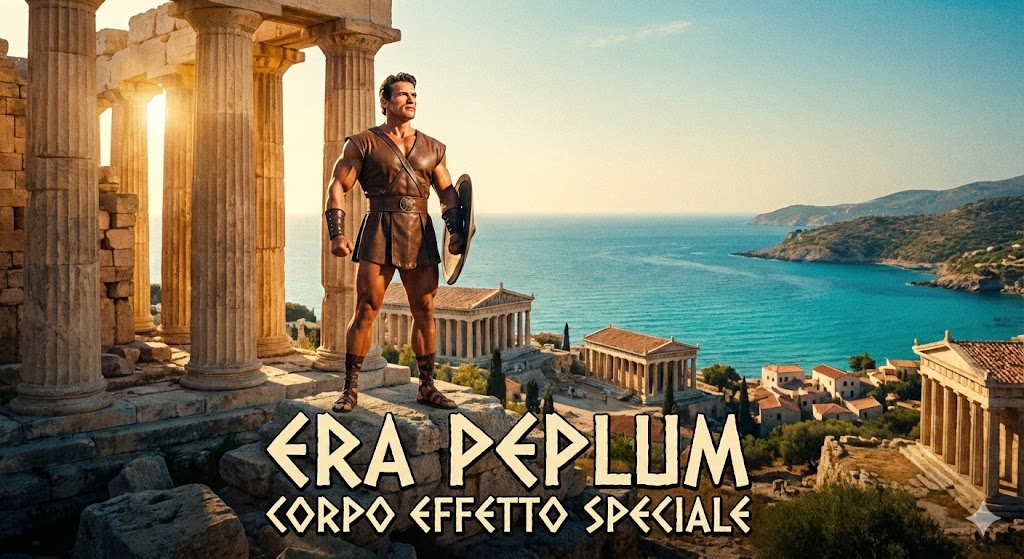 Scena epica del cinema peplum italiano degli anni '50 con eroe muscoloso