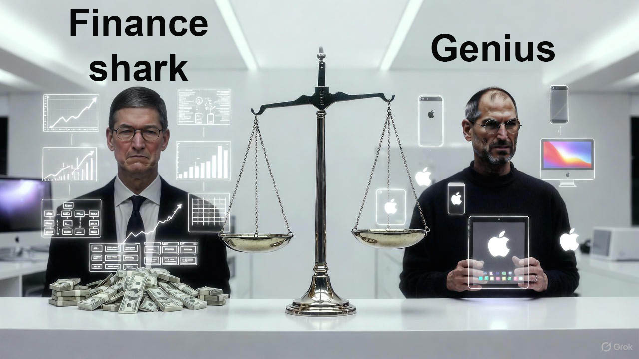 Ritratto di Tim Cook di spalle che guarda un ologramma di Steve Jobs