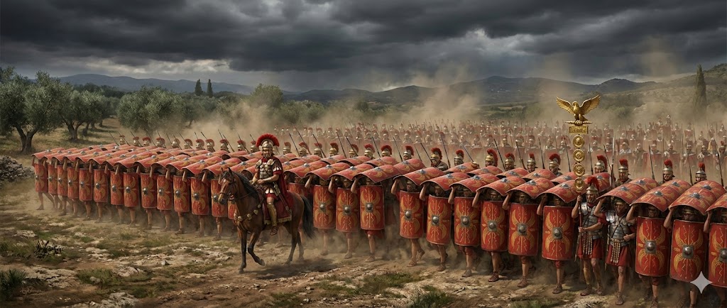 Legionari romani in formazione da combattimento, scudi e pilum, ricostruzione storica dell'esercito di Roma