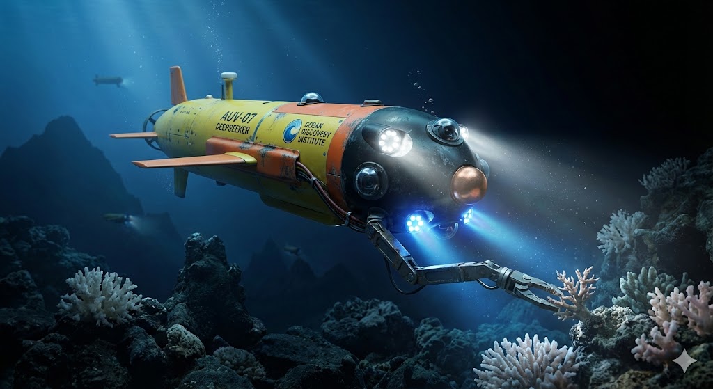 Robot sottomarino autonomo AUV con sensori avanzati che esplora profondit� oceaniche con luci LED e braccio robotico