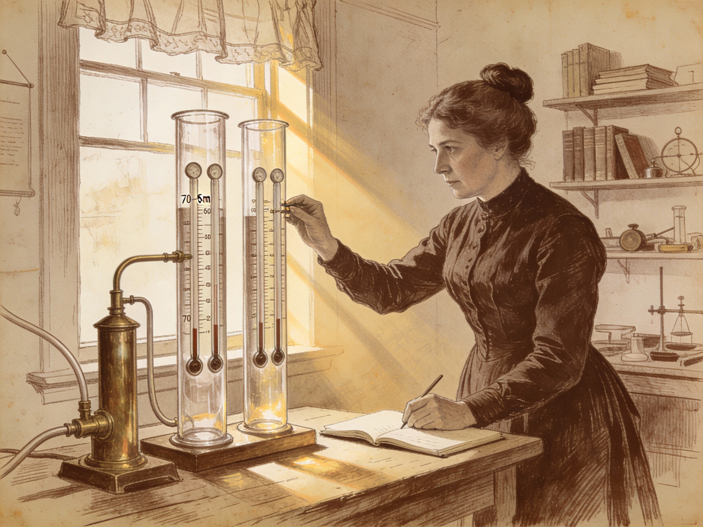 Eunice Newton Foote nel suo laboratorio domestico con cilindri di vetro e termometri esposti alla luce solare