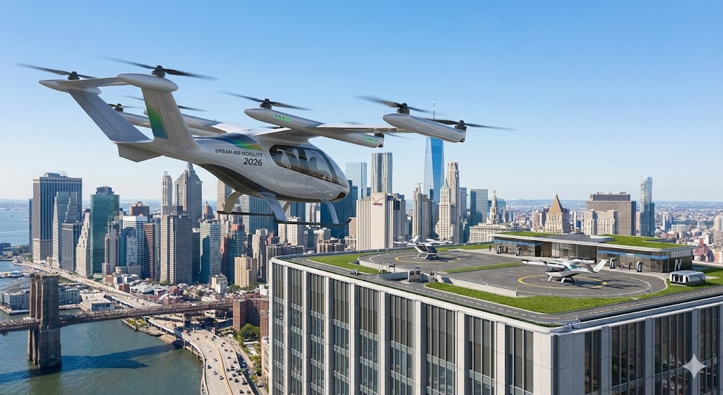 Taxi volanti eVTOL elettrici in volo sopra skyline urbano con vertiporti per mobilit� aerea metropolitana