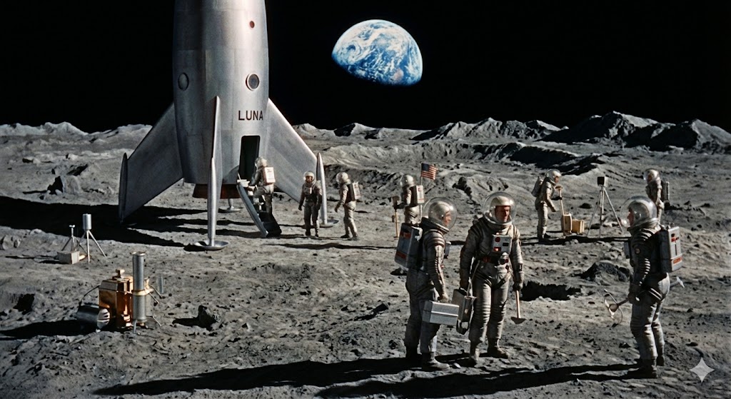 Una scena del film Destination Moon che mostra il razzo sulla superficie lunare con un realismo inedito per l'epoca
