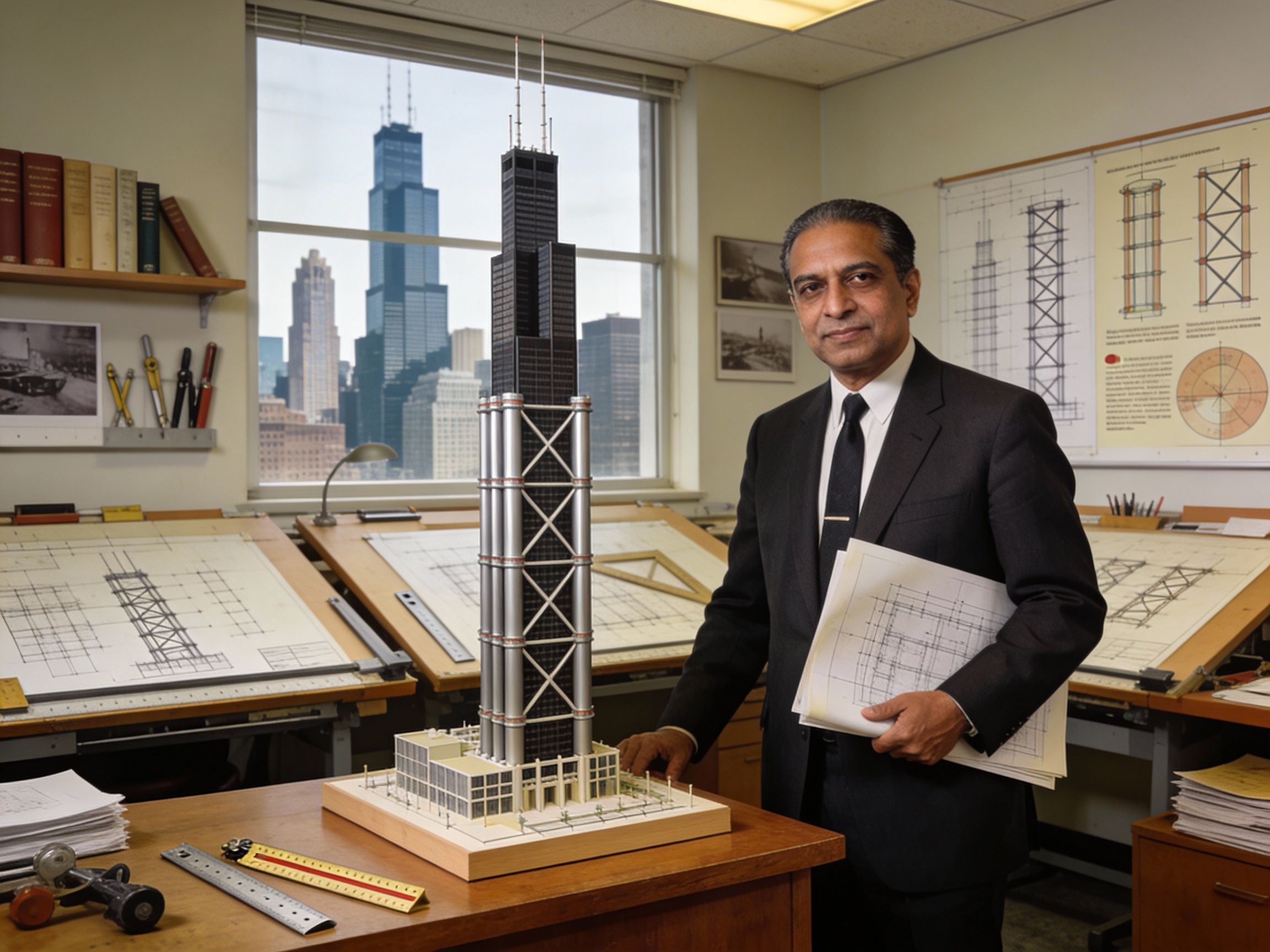Fazlur Rahman Khan con un modello architettonico della Willis Tower