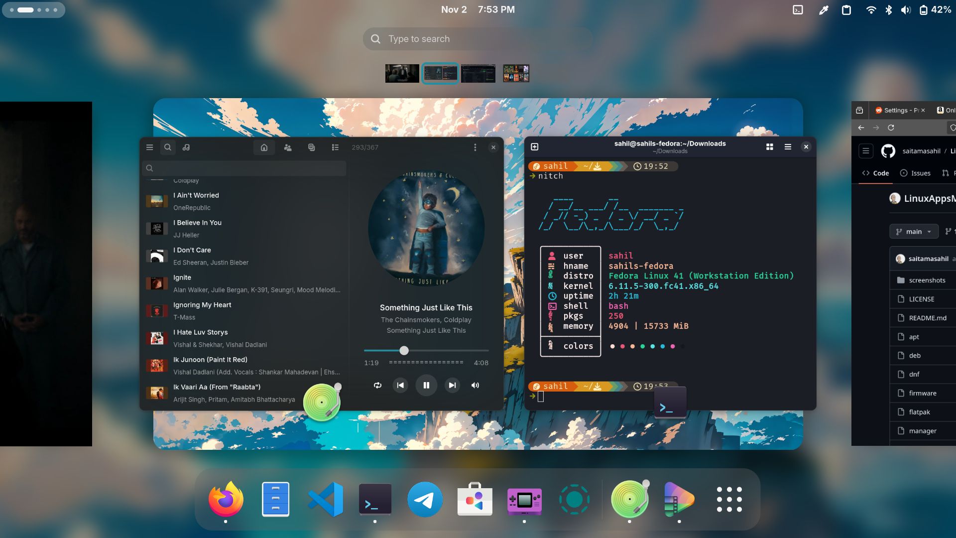 Screenshot del desktop di Fedora 41 Workstation che mostra il nuovo GNOME Software e il terminale