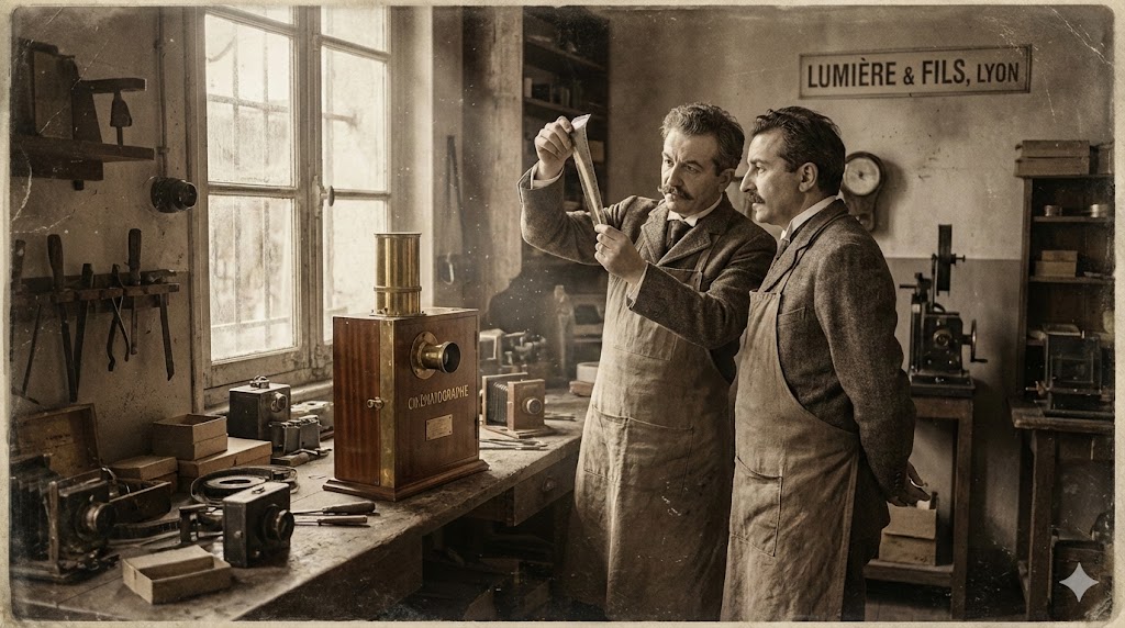 Auguste e Louis Lumi�re esaminano una pellicola cinematografica nel loro laboratorio.
