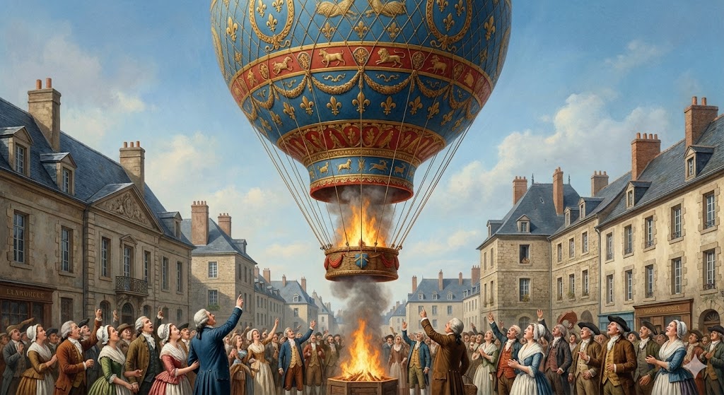 La mongolfiera dei fratelli Montgolfier si innalza nel cielo di Annonay nel 1783, circondata da una folla di spettatori meravigliati