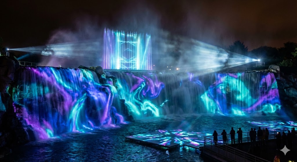 Aquascope Futuroscope proiezioni mappate su cascate e pareti d'acqua notturne
