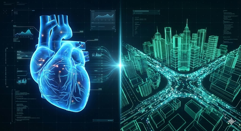 Rappresentazione olografica di un cuore umano digitale affiancato a una citt� virtuale in rendering 3D