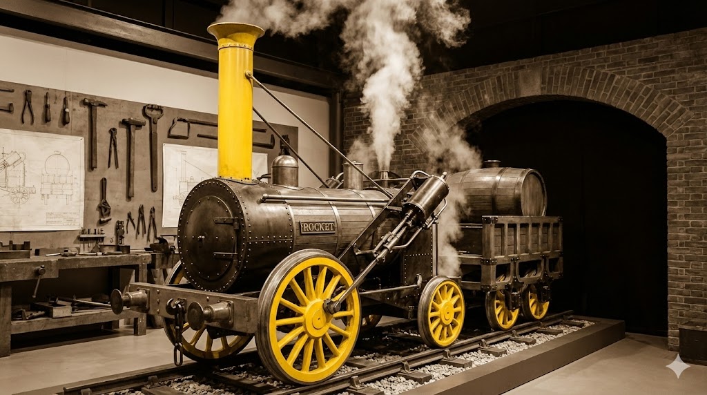 La storica locomotiva Rocket di Stephenson del 1829 in azione