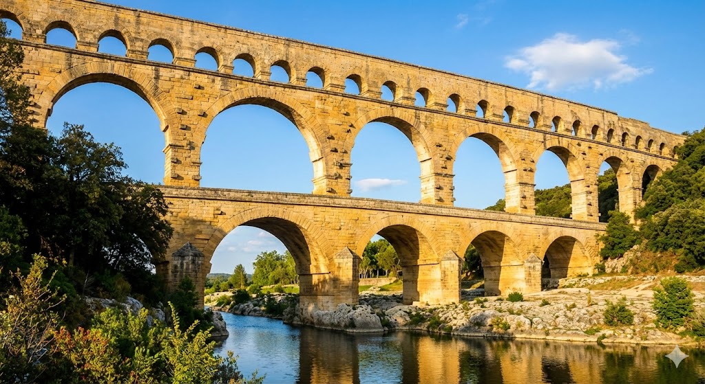 Pont du Gard con i suoi tre ordini di arcate che trasportano l'acqua attraverso la valle del fiume Gardon in Provenza