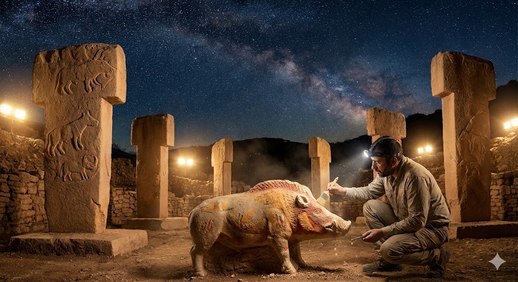 I pilastri a T di G�bekli Tepe con i nuovi rilievi colorati appena scoperti