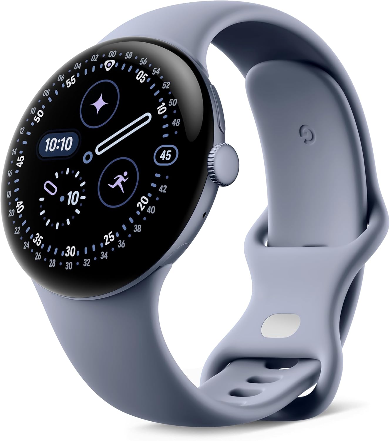 Il Google Pixel Watch 4 nella versione da 45mm con cassa in metallo lucido.