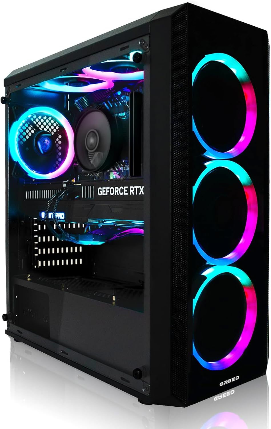 Il case del PC gaming Greed Mk2 con pannello laterale trasparente e ventole RGB illuminate.