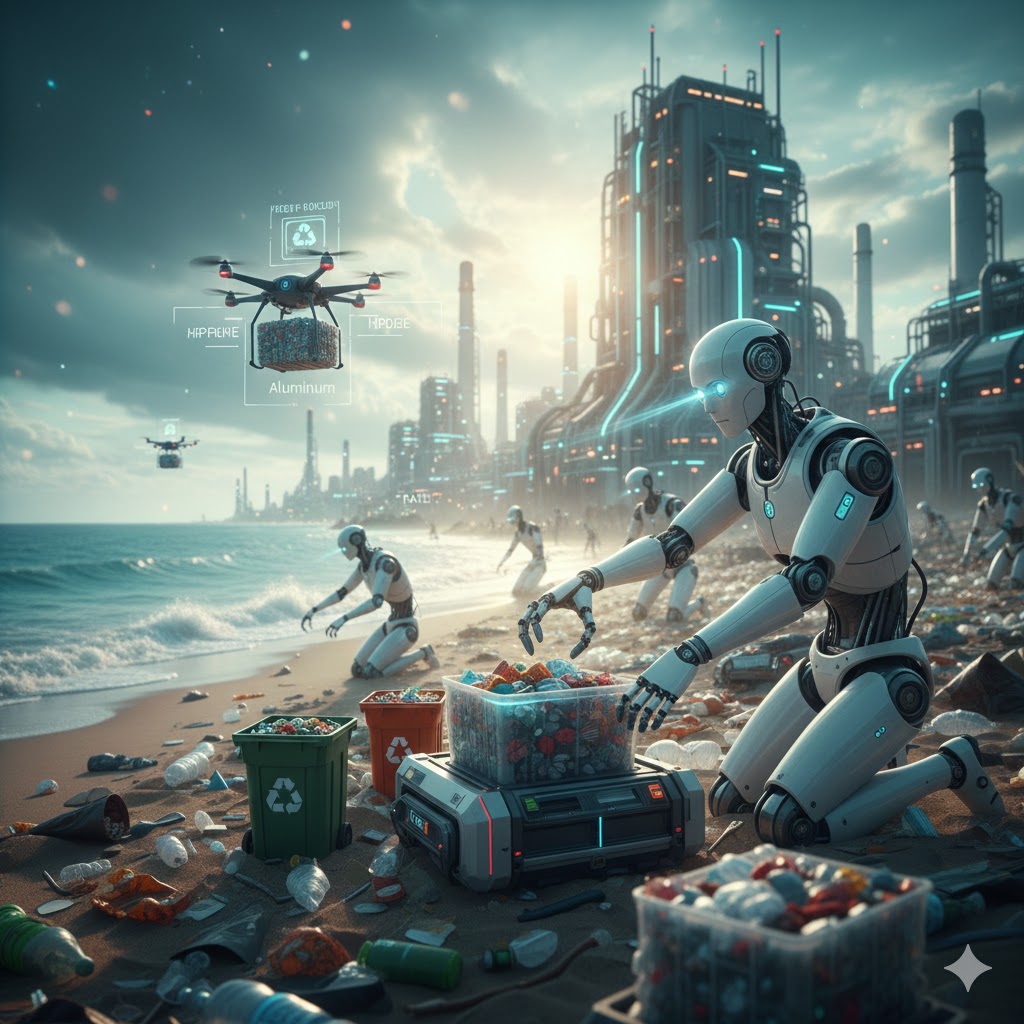 Braccio robotico AI che smista materiali riciclabili