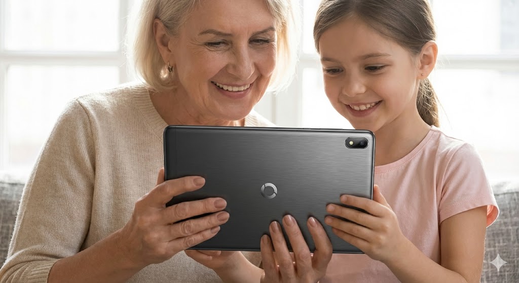 Anziano e bambino utilizzano insieme un tablet Android