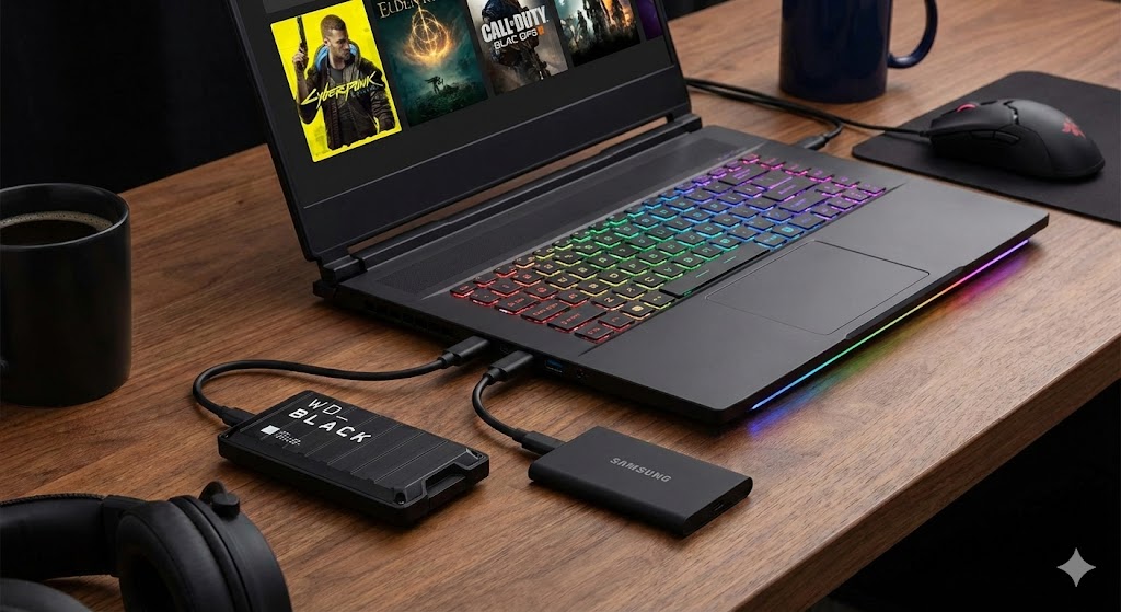 Una selezione di moderni SSD esterni portatili ad alte prestazioni, come il WD_BLACK P50 e il Samsung T9, collegati a un laptop da gaming