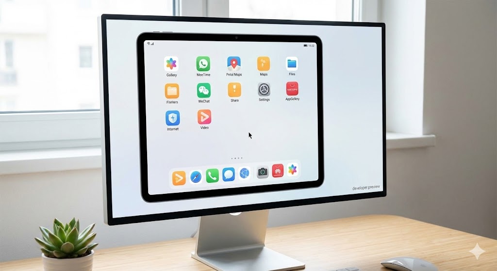 Concetto di interfaccia HarmonyOS in esecuzione su un monitor desktop