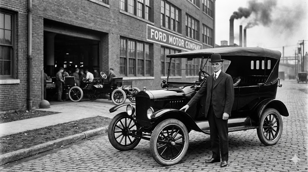 Henry Ford in posa accanto alla sua rivoluzionaria Model T.