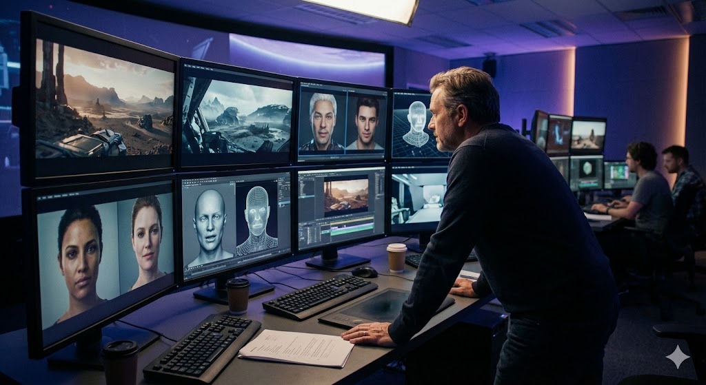 Un regista osserva monitor che mostrano scene generate da intelligenza artificiale in un moderno studio cinematografico