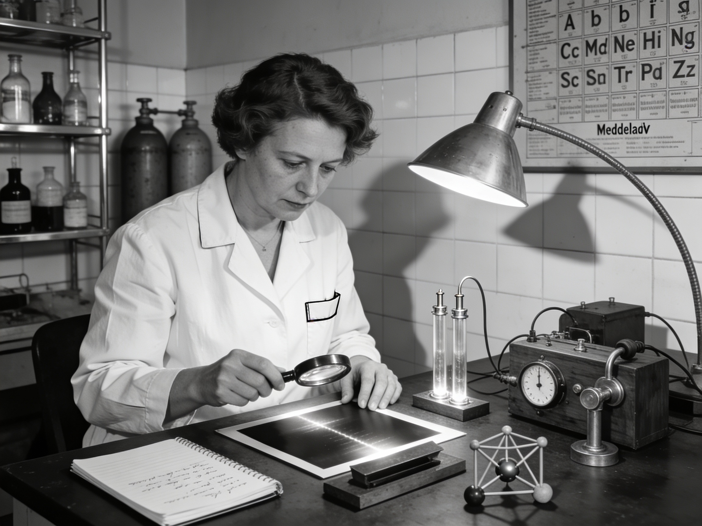 Ida Noddack nel suo laboratorio di chimica negli anni '30 analizza spettri a raggi X con strumentazione scientifica dell'epoca
