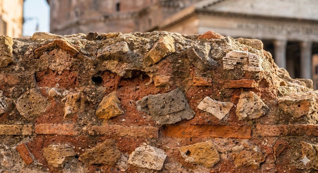Dettaglio di opus caementicium romano con stratificazione di aggregati e pozzolana vulcanica visibile nelle rovine del Pantheon