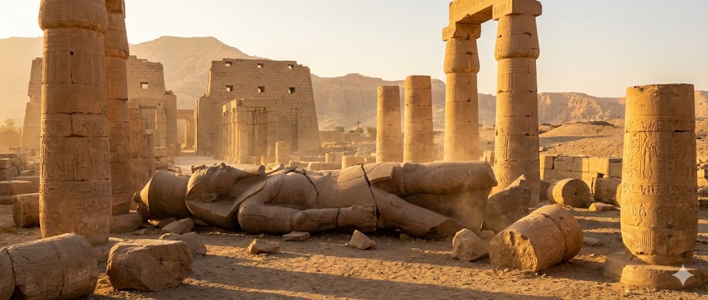 Le rovine maestose del Ramesseum a Tebe con i resti del colossale monolito di Ramses II