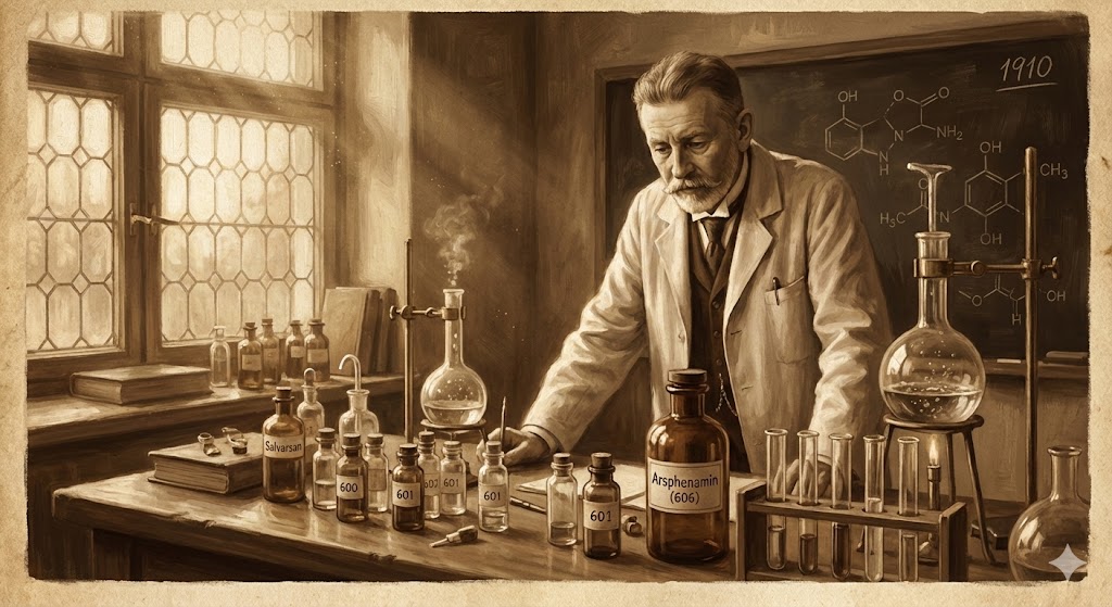 Paul Ehrlich nel laboratorio, scoperta del Salvarsan nel 1910, primo agente chemioterapico sintetico