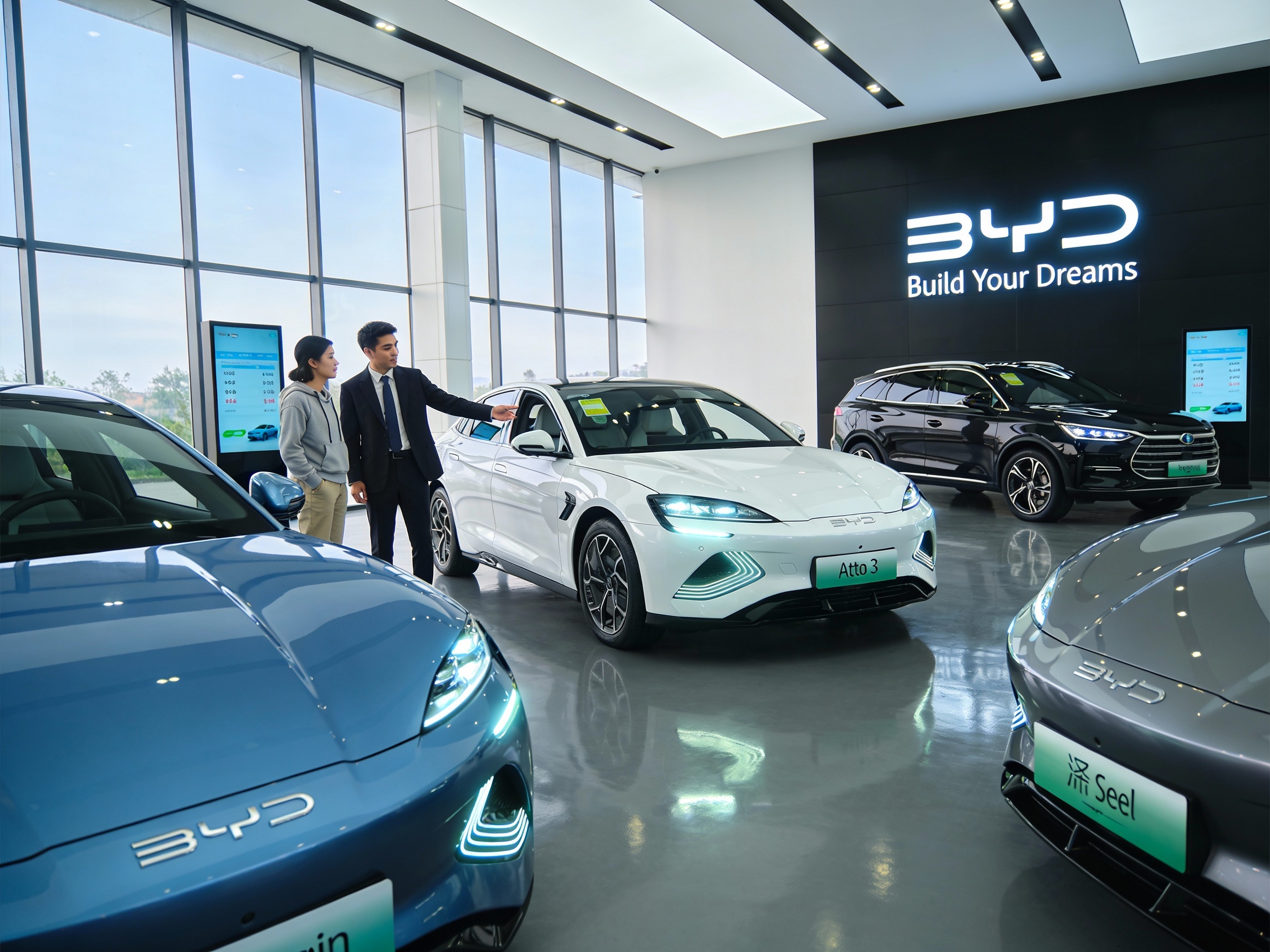 Concessionario BYD in Italia con esposizione dei modelli Dolphin Atto 3 Seal e Tang elettrici