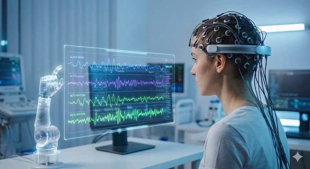 Rappresentazione concettuale di interfacce cervello-computer non invasive con elettrodi esterni