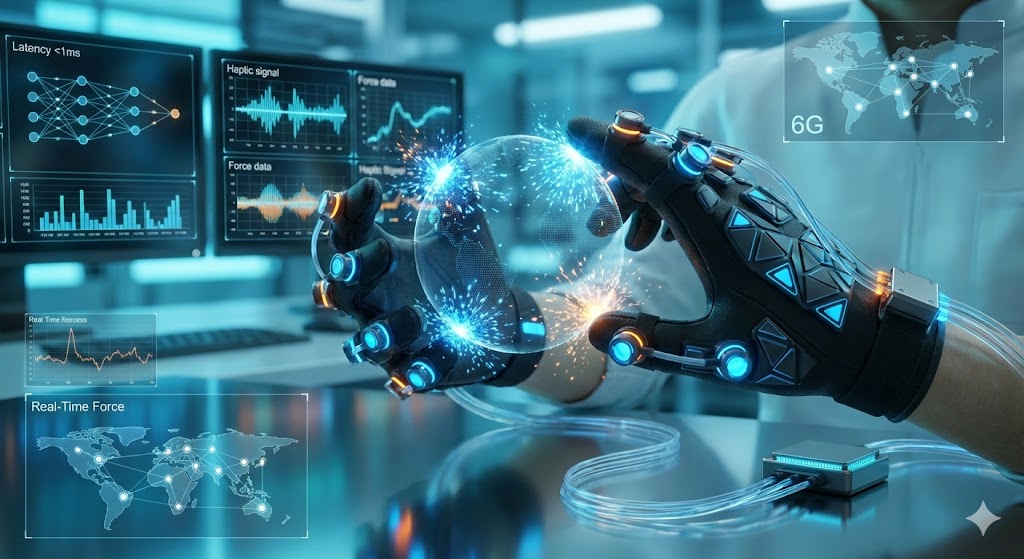 Sistema di interfaccia aptica con guanti sensoriali per trasmissione tattile remota