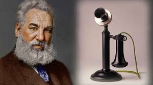 Ritratto di Alexander Graham Bell e il suo primo telefono