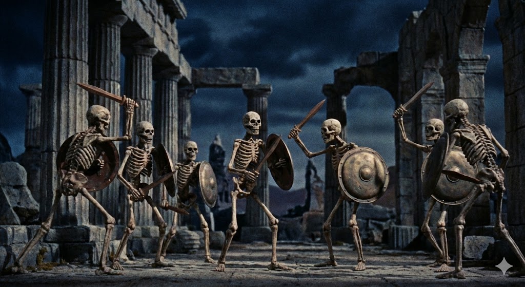 Gli scheletri guerrieri animati in stop-motion da Ray Harryhausen nel film Jason and the Argonauts del 1963