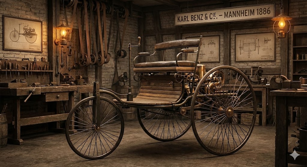 La rivoluzionaria Patent-Motorwagen di Karl Benz del 1886, la prima vera automobile della storia