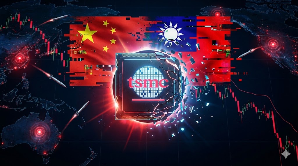Rappresentazione concettuale di un chip TSMC che si frantuma sullo sfondo delle bandiere di Cina e Taiwan.