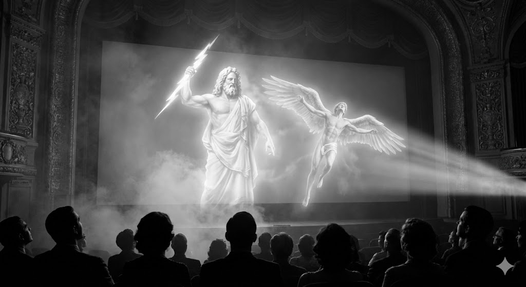 Una sala cinematografica che proietta scene mitologiche con effetti visivi che attraversano le epoche del cinema