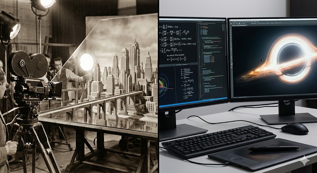 Una rappresentazione cinematografica che mostra l'evoluzione degli effetti visivi dalla meccanica ottica alle simulazioni digitali